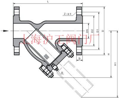 GL41H 型 PN10~PN16 法蘭連接鐵制Y型過濾器主要外形及結構尺寸示意圖