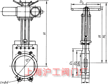 Z73X、Z373X 型 PN2.5~PN16 鑄鐵對(duì)夾式漿液閥主要外形及結(jié)構(gòu)尺寸示意圖