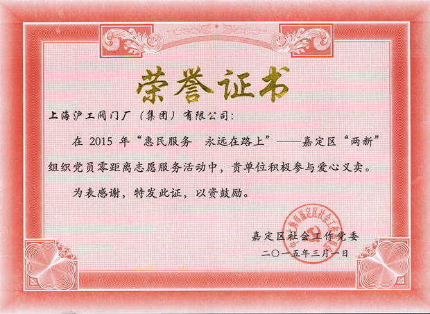 嘉定區(qū)社會工作黨委頒發(fā)的榮譽證書